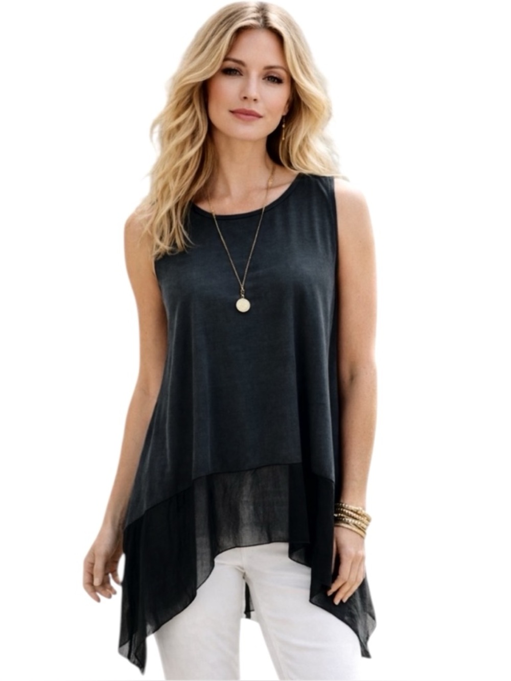Soft Surroundings Asymmetrical Knit Top L Mixed Media Flowy Chiffon Minimalist